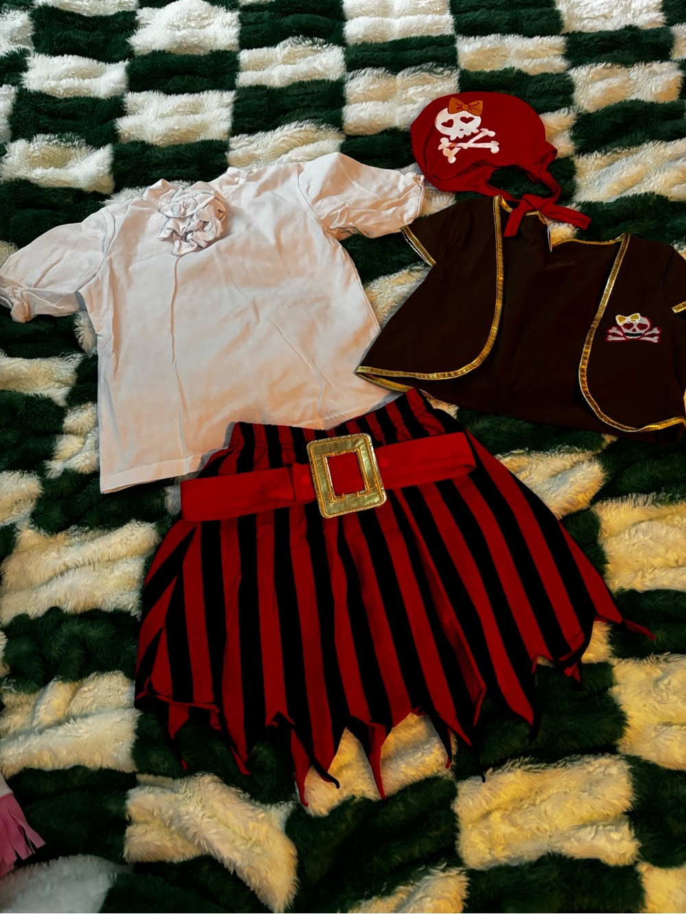 Kids Pirate Costume Set - Red & Black Striped Skirt with White Top & Brown Vest